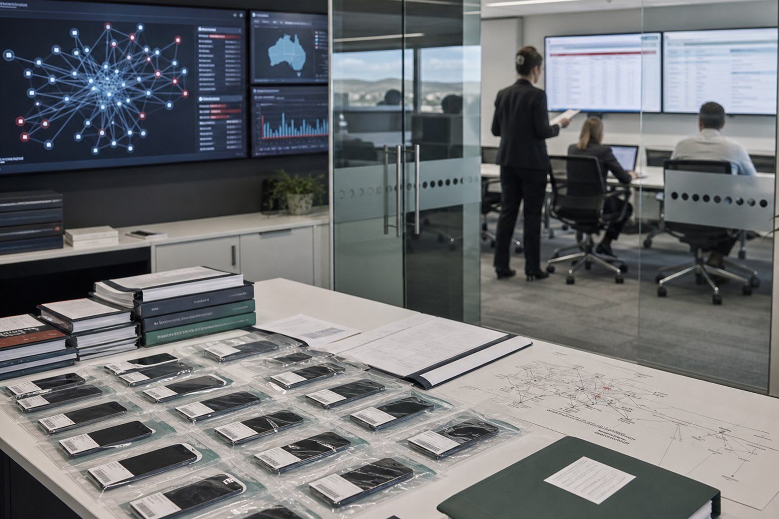 Communications compliance investigators review devices and call networks