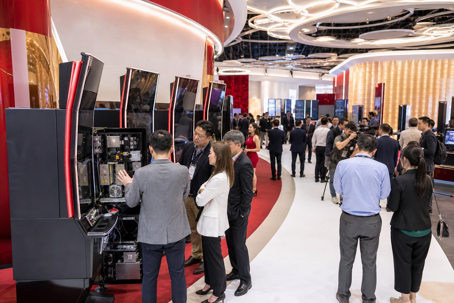 Asian operators inspect upright cabinets at a casino equipment exhibition