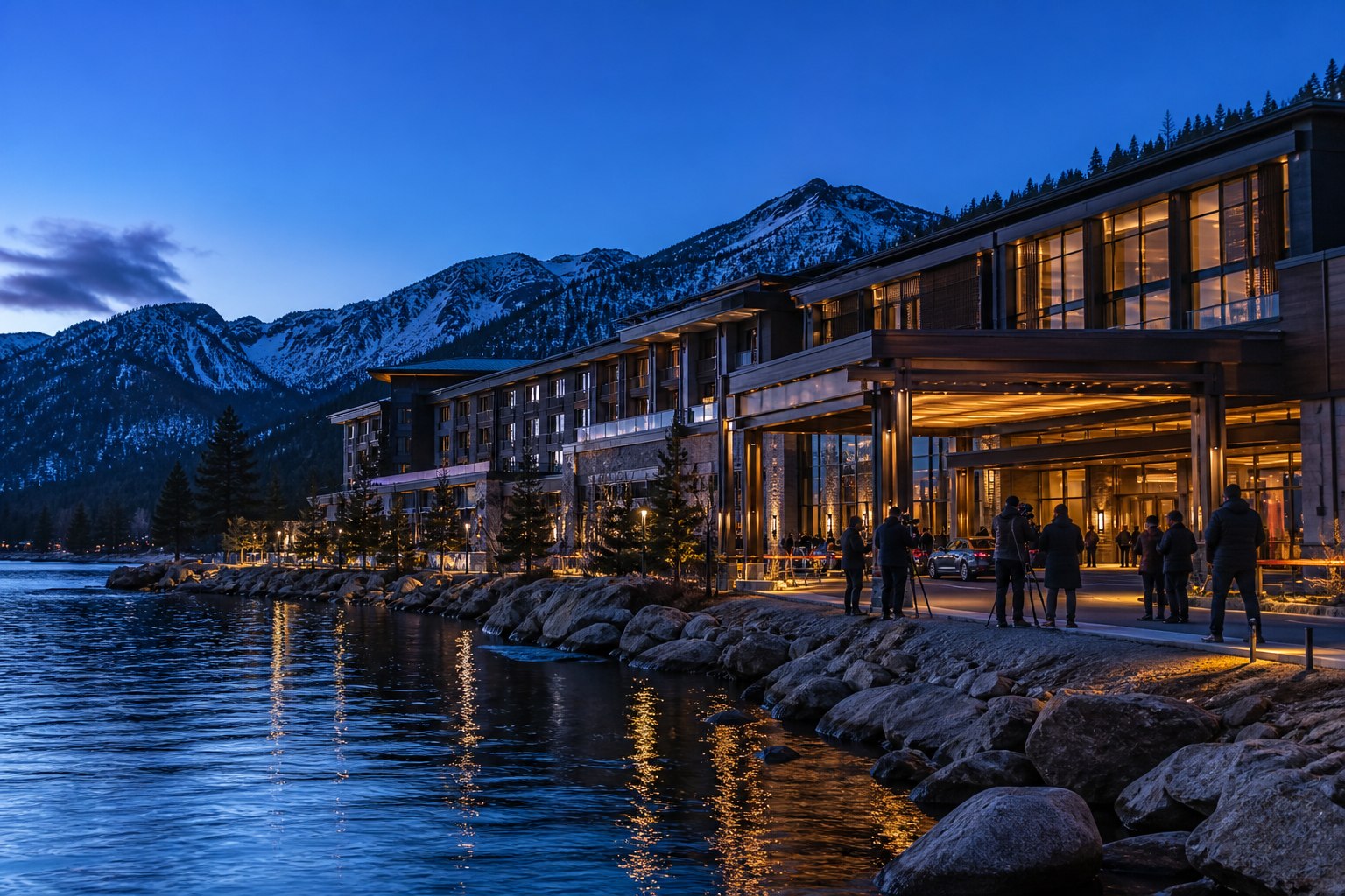Modern alpine resort beside Lake Tahoe at blue hour