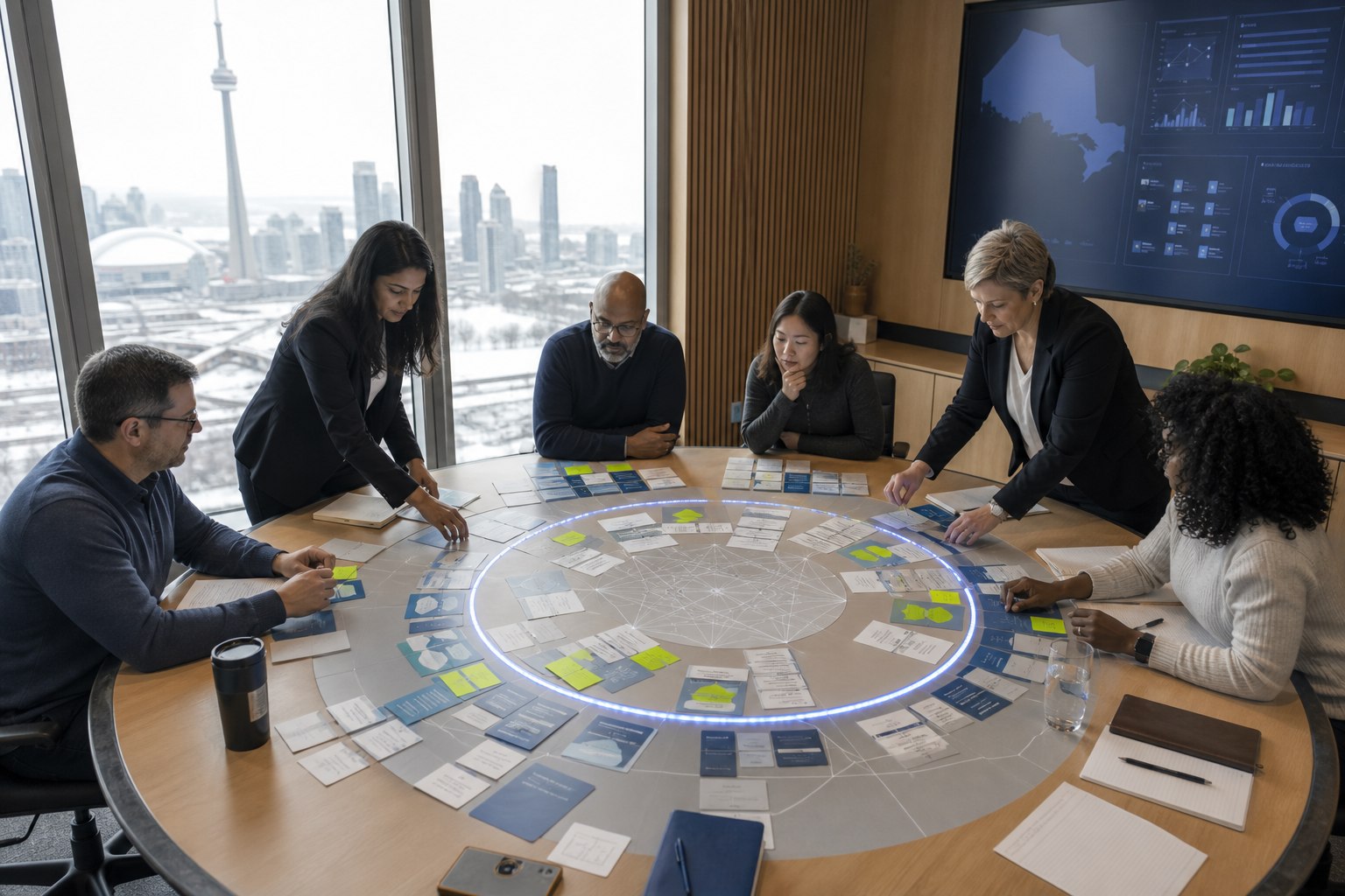 Policy and data specialists work around a circular table in Toronto