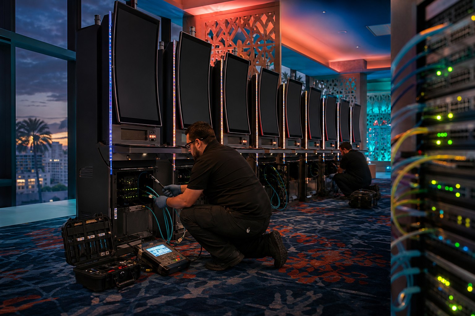 Technicians connect portrait gaming cabinets to a linked network