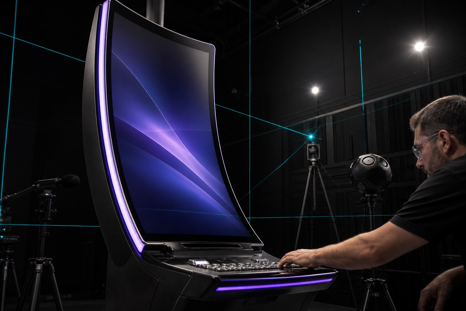 Engineer evaluates an unbranded curved portrait casino cabinet