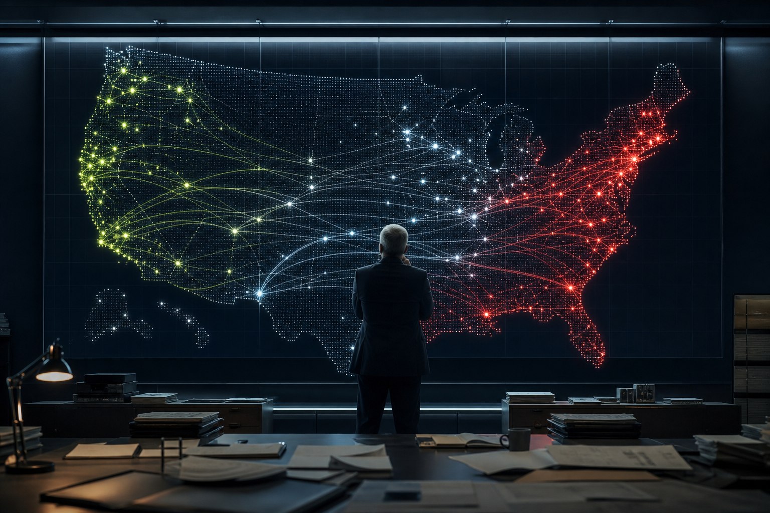 Editor studies an illuminated map of U.S. gaming-market connections