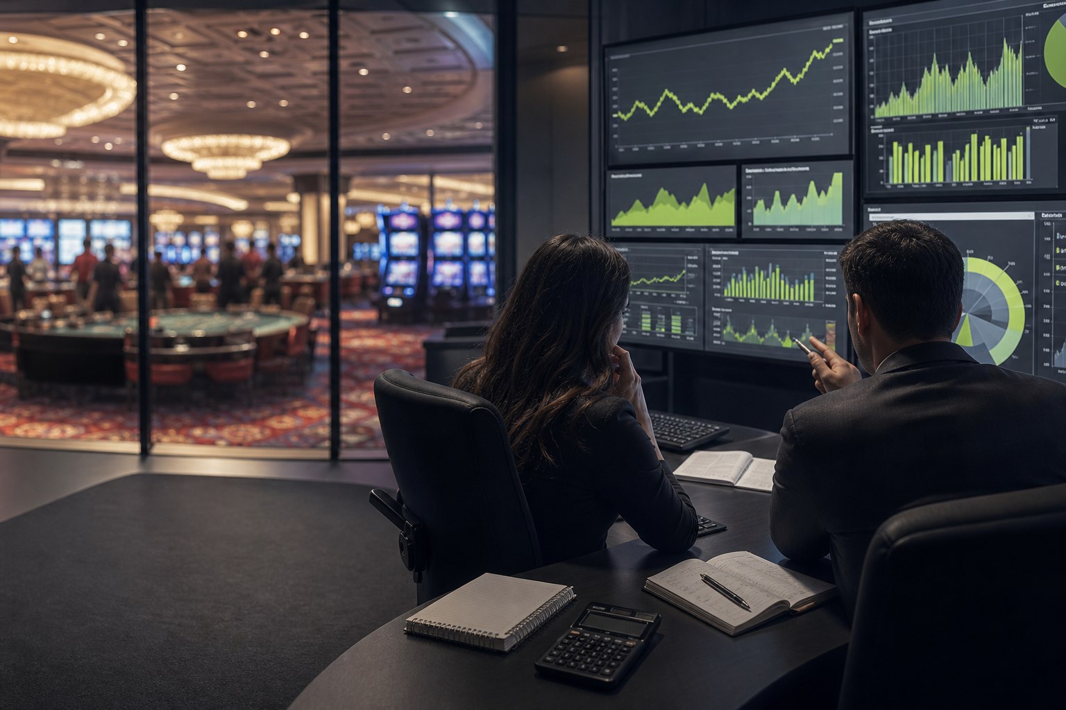 Analysts review casino revenue data beside a gaming floor
