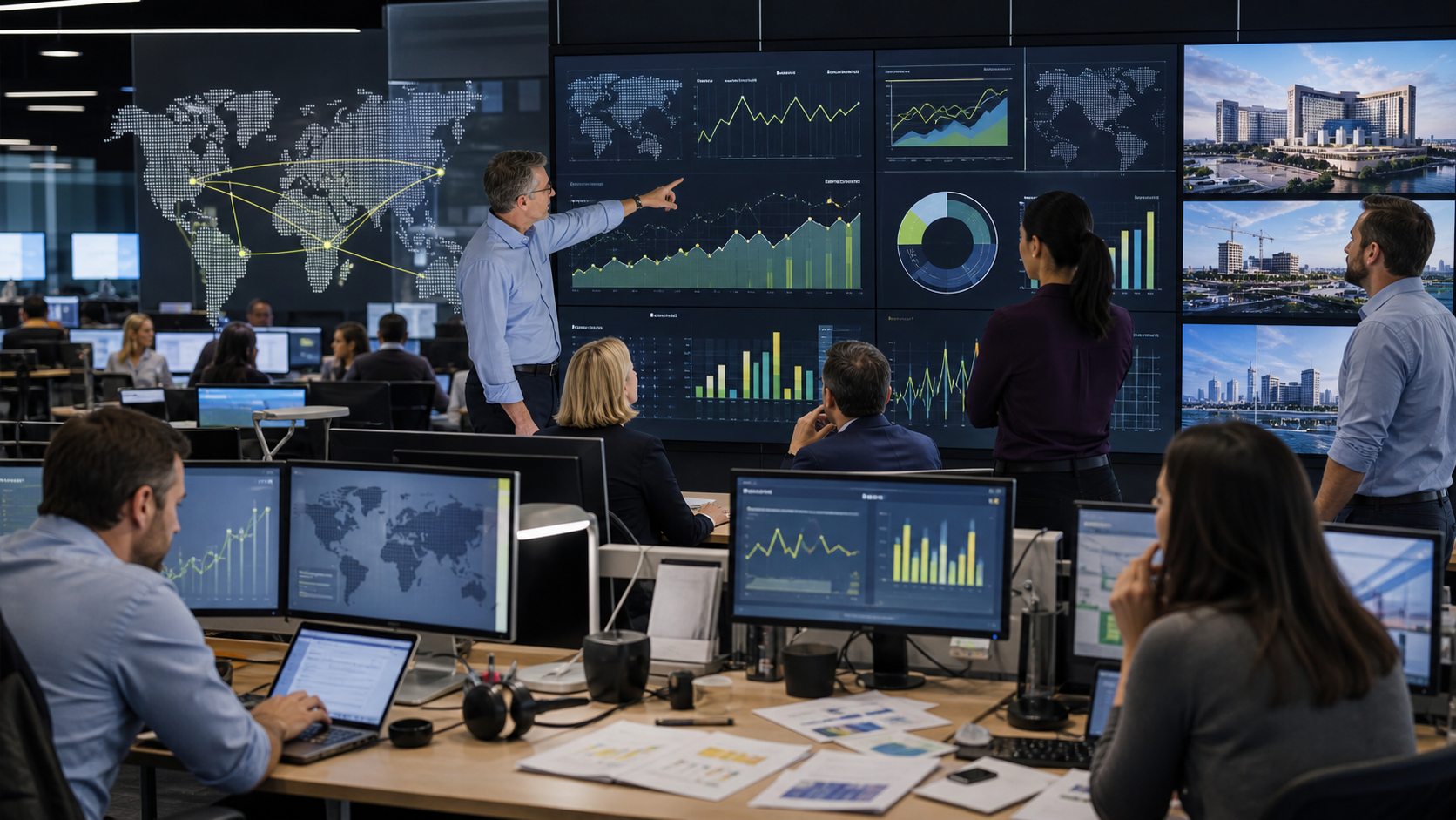 International casino market analysts reviewing global charts in a newsroom